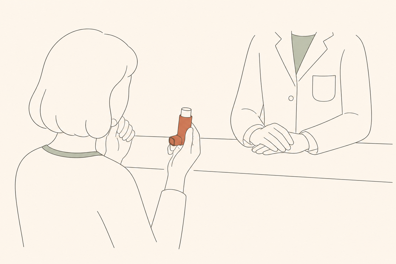 薬局のカウンターで吸入薬を手にしながら首をかしげる人